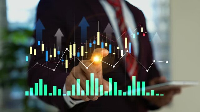 Businessman uses a tablet and touching a glowing holographic financial chart overlay, showing stock market data, growth, investment planning and digital finance 