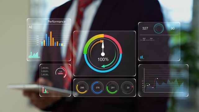 Businessman using a tablet with holographic performance dashboards, charts and progress indicators for data analysis, digital reporting and business strategy 