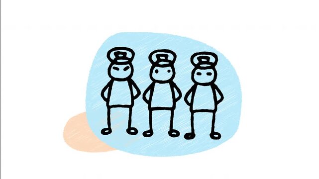 An animated hand-drawn row of police officers standing in a protective riot shield wall formation. Ideal for riot control, crowd management, public safety operations, and law enforcement barricades. 
