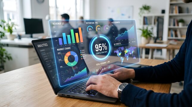  Laptop with Digital Sales Analytics Dashboard and Ninety-Five Percent Performance Indicator
