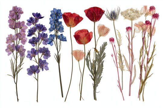 The Dried Wildflower Bouquet in Purple, Blue, and Red Tones on White Background