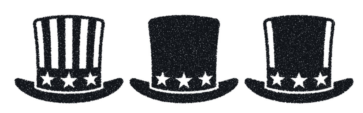 Uncle sam top hats with stars and stripes in grainy black texture for fourth of july patriotic holiday celebration graphics.