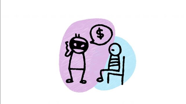 An animated hand-drawn criminal making a demanding ransom phone call with a tied-up hostage nearby. Great for extortion cases, hostage crises, kidnapping drama, and criminal blackmail media. 