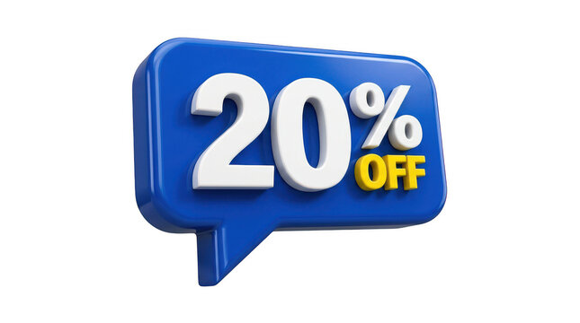 3d blue speech bubble with 20 percent off text isolated on transparent background
