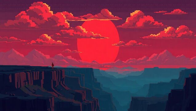 Evening pixel clouds glowing red-orange in the sky over a stylized pixel canyon, retro video game look