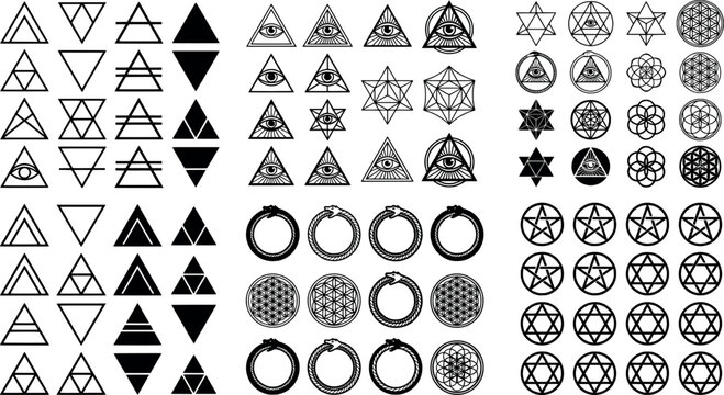 Set of sacred geometry symbols, triangles, allseeing eyes, pentagrams, hexagrams, and ouroboros icons for esoteric and mystical design