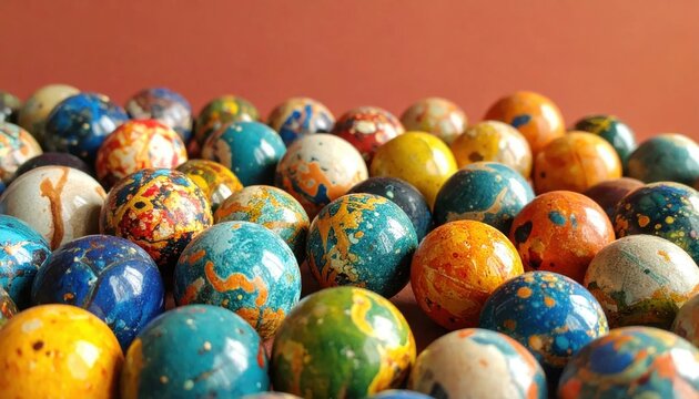 A vibrant collection of vintage glass marbles with intricate swirled patterns, displayed in a close-up still life.