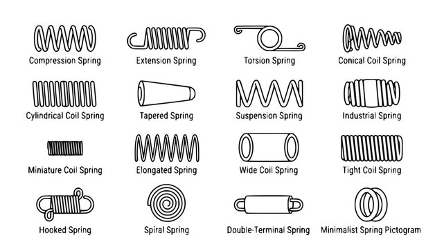 Metal spring silhouette black monoline editable vector icon collection