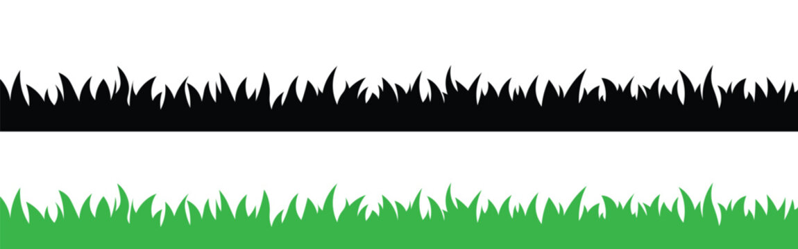 Green and black grass border vector silhouettes set forming seamless lawn edge frames for spring nature background banner design