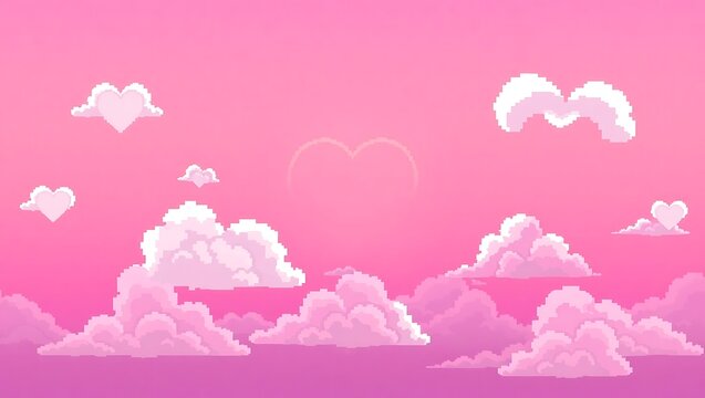 Digital-style sky of moving clouds shaped like pixel hearts, soft romantic pink gradient background, retro 8-bit style