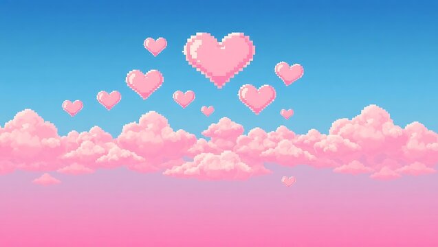 Digital-style sky of moving clouds shaped like pixel hearts, soft romantic pink gradient background, retro 8-bit style
