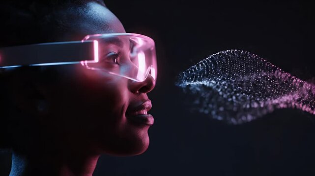 Woman wearing glowing VR headset interacts with digital particle wave
