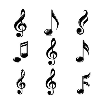 Set of nine black musical note icons in treble clef style