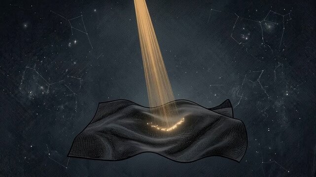 Light beams illuminate a textured black fabric surface, revealing a gradual formation of bright points resembling stars against a cosmic background