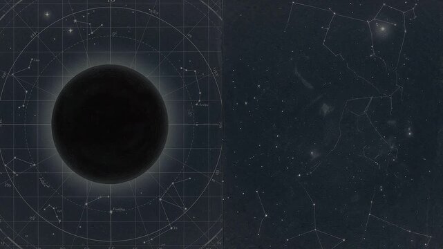 Celestial event progression showing darkened moon transitioning to illuminated phase against starry night sky with constellations visible in the background