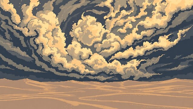 Dramatic pixel desert storm in progress, swirling 8-bit clouds and blowing sand depicted in low-resolution textures