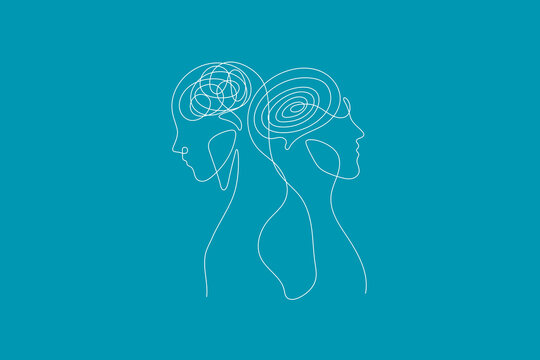 Mental health concept continuous line drawing vector illustration. Two abstract human head profiles with chaotic tangled scribble and organized spiral brain minds over minimalist blue background.