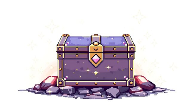 Elegant fantasy pixel chest surrounded by pixelized sparkles and stars, retro style, clean white backdrop