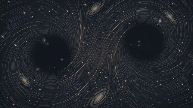 Cosmic swirling galaxies with dark voids and star trails creating a mesmerizing visual flow in a deep space environment showcasing celestial dynamics and cosmic beauty
