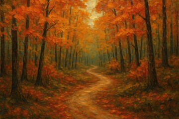 Naklejka premium Autumn forest path painting