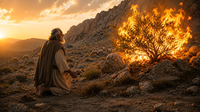 Biblical scene of moses kneeling before the burning bush in the wilderness at sunset, cinematic lighting, historical religious illustration