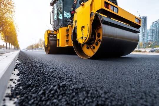 Process of asphalting, asphalt paver machine and steam road roller. The asphalt paver. Road works in the city. Construction machinery. Sunny day. Compacting freshly laid asphalt during paving work.