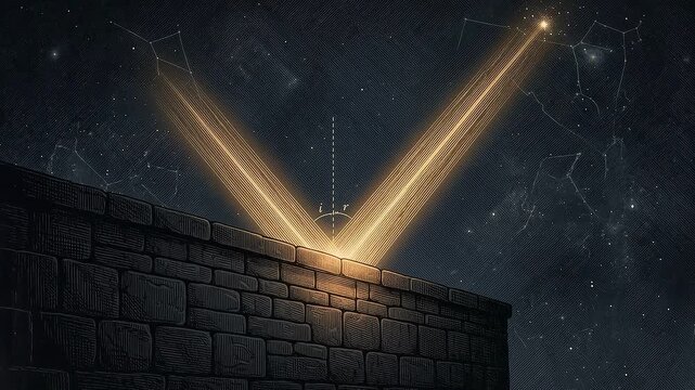 Light beams converge at a stone wall under a starry night sky, illuminating the surface with a warm glow, creating a mystical atmosphere in a celestial setting