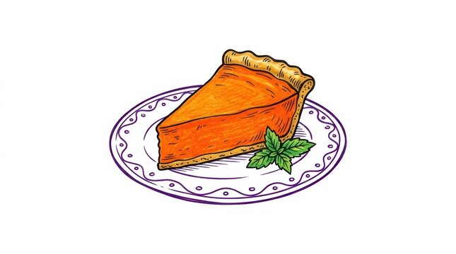 A single slice of orange pumpkin pie served on a small decorated plate with fresh green mint leaves in a hand drawn sketch style illustration