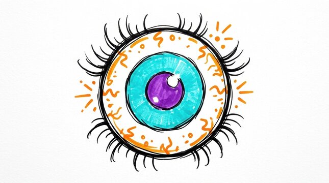 Colorful hand drawn eye illustration with vibrant blue iris and purple pupil featuring artistic sketch style lines and creative doodle details