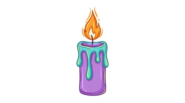A bright purple candle with melting teal wax and a glowing orange flame drawn in a fun colorful cartoon style for festive holiday decor