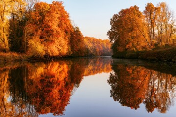 Obraz premium Serene River with Autumn Foliage Reflection