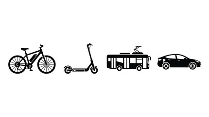 Fototapeta premium Transportation Silhouettes Bicycle Scooter Rv And Car On White Background