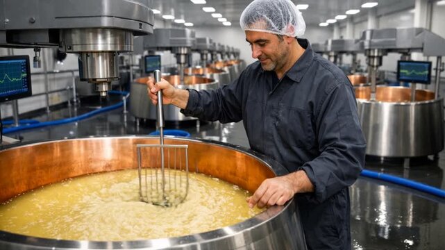 Cheese making process with milk curd stirring inside industrial vat at dairy factory
