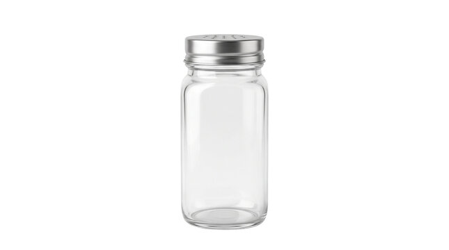 Empty glass spice jar with metal shaker lid, clear condiment bottle for kitchen storage, transparent seasoning container isolated PNG with Transparent Background