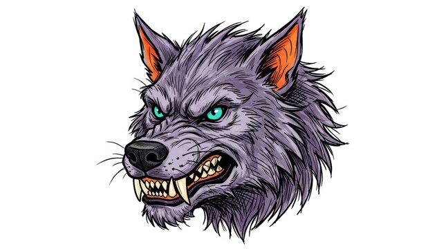 Angry wolf head illustration with sharp teeth and glowing green eyes for sports mascot or gaming logo design