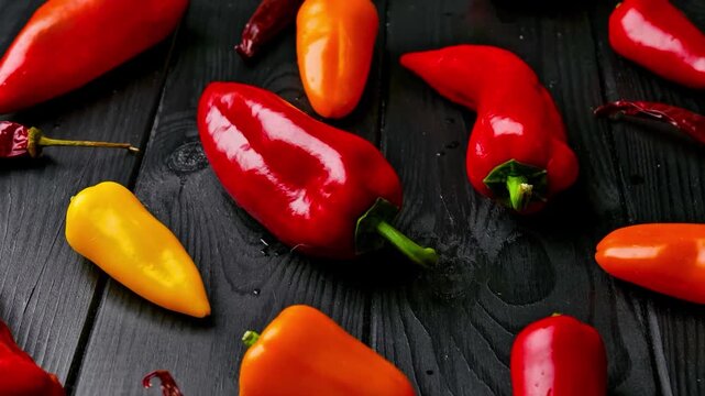 4K Video of fresh red bell peppers arranged on a dark background, showcasing vibrant color, natural texture, and healthy food ingredients.