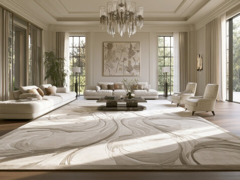 luxurious modern living room interior design featuring high ceilings, elegant large cream area rug with fluid abstract wave patterns, contemporary plush sofas, crystal chandelier, and large windows