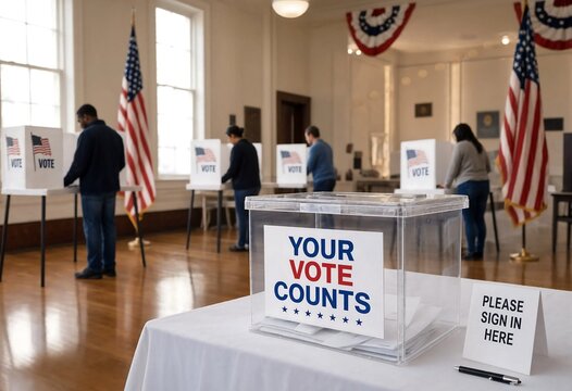 Citizens casting ballots in a brightly lit polling station with American flags during a civic election event