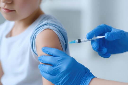 Childhood vaccination. Doctor vaccinating little boy. Kid receiving a Vaccine shot on arm for covid coronavirus, flu, infectious disease. Nurse holds antiviral syringe injection the child in clinic