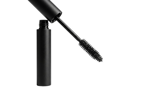 Black mascara wand and tube, professional cosmetic applicator for eyelashes, matte black makeup container for beauty branding isolated PNG with Transparent Background