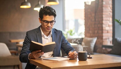 Obraz premium Young professional man wearing glasses reading a book with a coffee mug on a table