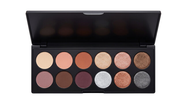 Professional eyeshadow palette with 12 earth tones, matte and shimmer makeup kit, cosmetic beauty product for professional artists isolated PNG with Transparent Background