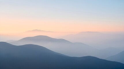 Obraz premium Misty Mountain Sunrise Landscape with Soft Pastel Horizon