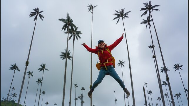 "Hiker jumping joyfully among towering wax palms in Colombia's scenic mountain landscape"