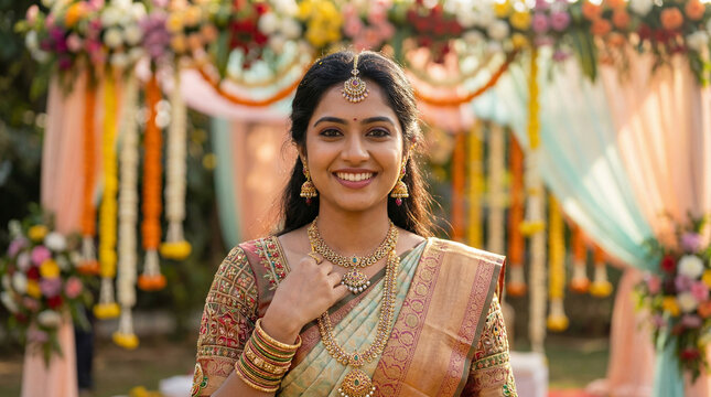 Smiling young Indian woman adorned in traditional gold jewelry and silk saree at outdoor wedding celebration