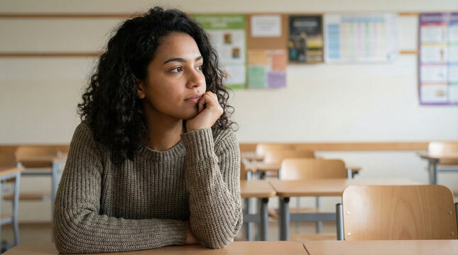 Pensive young woman student resting chin on hand looking away thoughtfully in bright school classroom interior