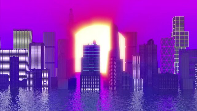 a city in water animation with scrolling to the side with a sun in the background