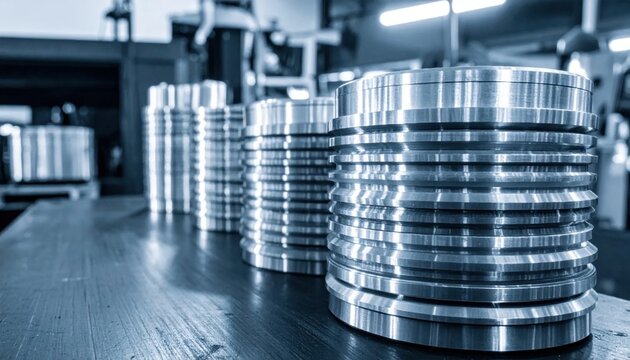 Row of Shiny Metal Cylinders in Industrial Manufacturing Facility