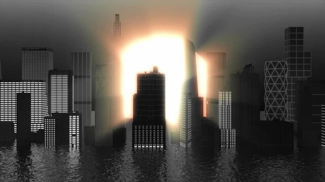 a city in water animation with scrolling to the side with a sun in the background