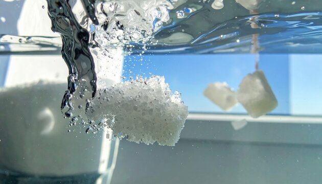 White granular sugar or salt crystals dissolving in clear water, revealing intricate texture and bubbly dynamic action